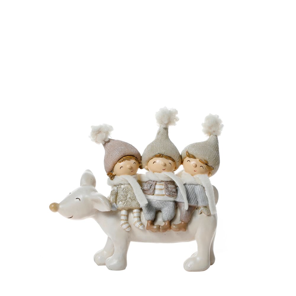 Figurine de noël avec enfants sur renne en résine gris et marron H17 Figurine de noël avec enfants sur renne en résine gris et marron H17