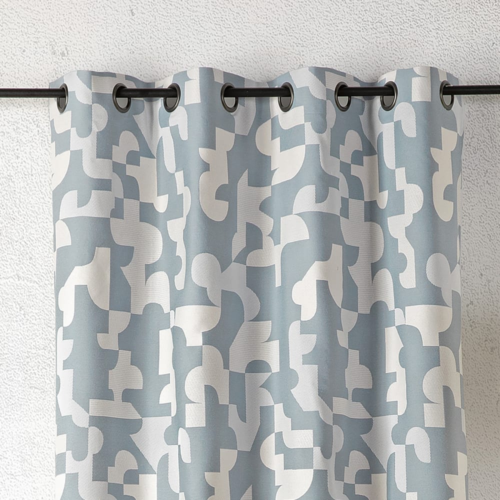 Rideau jacquard géométrique texturé rétro coton bleu 260 x 140 — vue 4