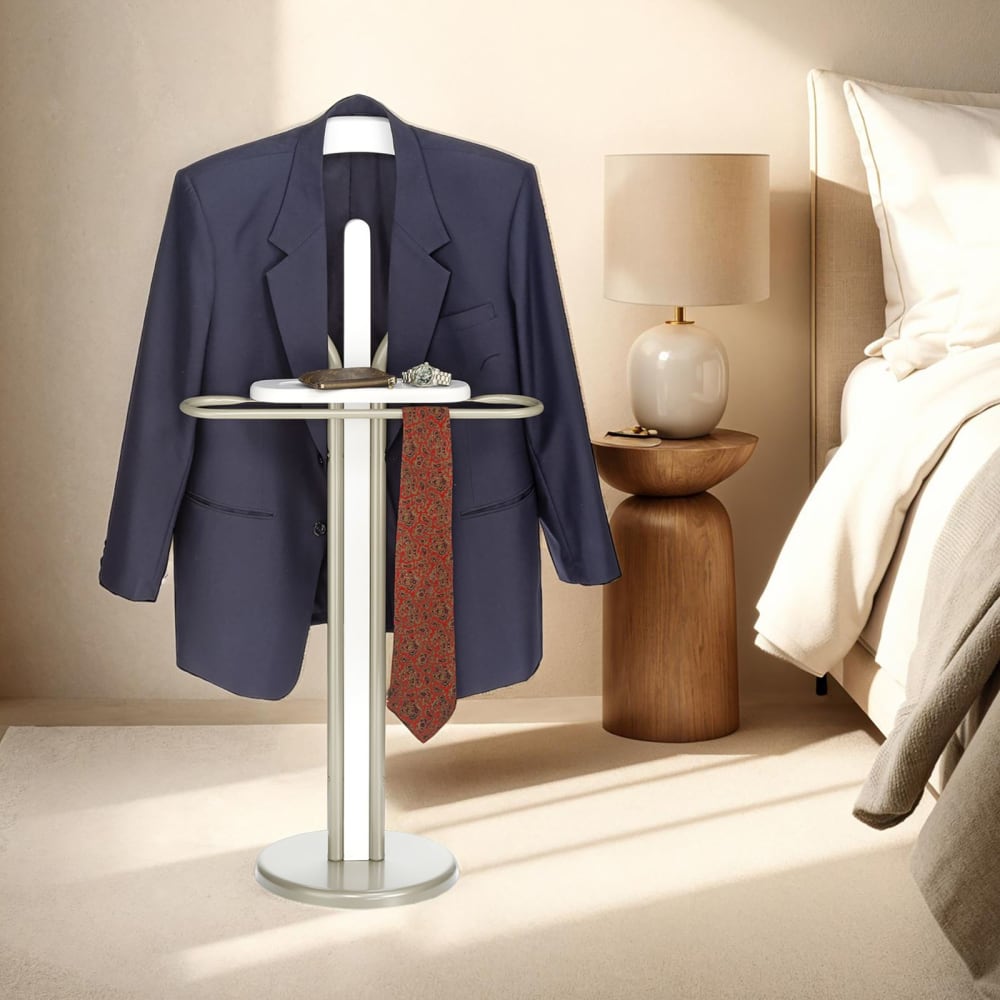 Valet de chambre effet bois en métal, blanc et champagne
