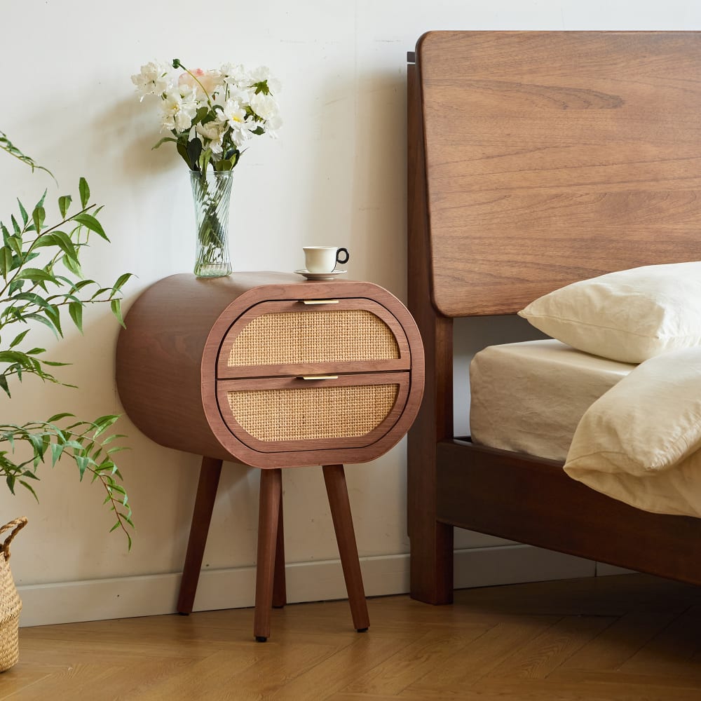 Table de chevet 2 tiroirs en rotin et bois de noyer