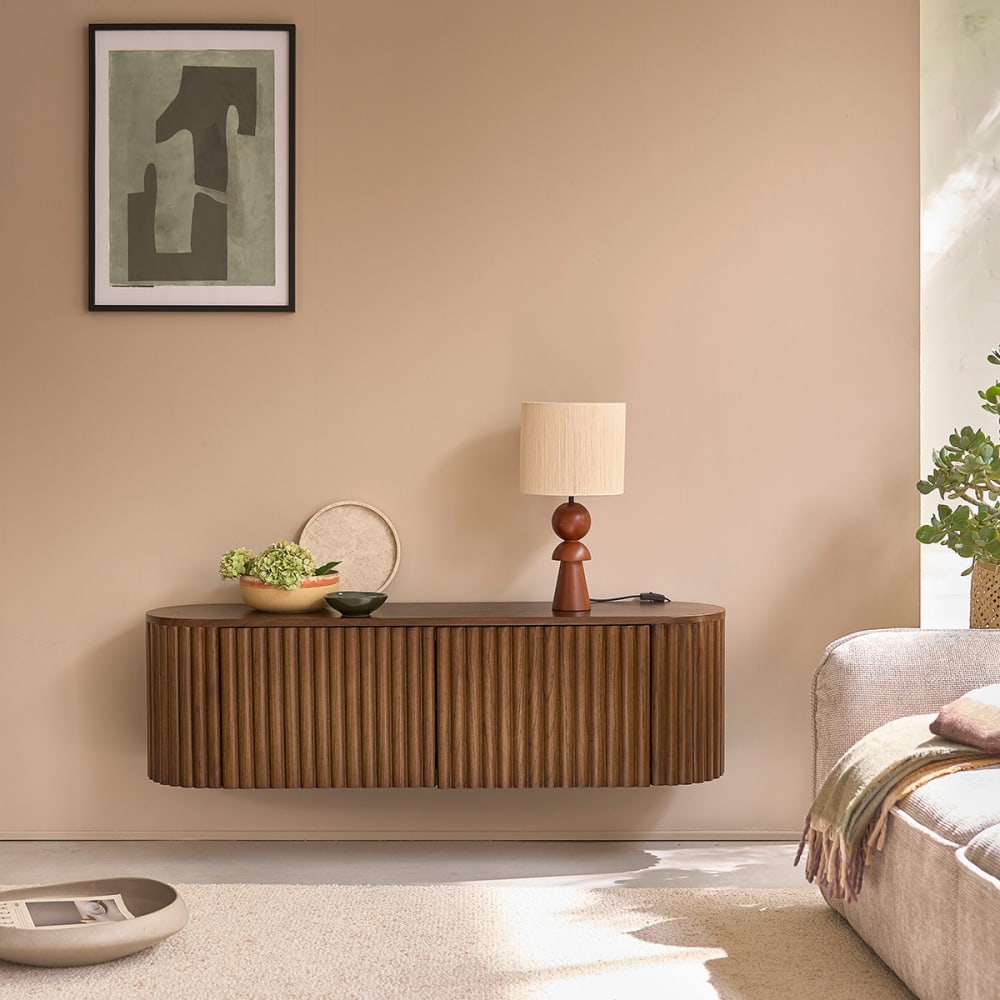 Meuble TV suspendu en bois massif finition noyer 140 cm