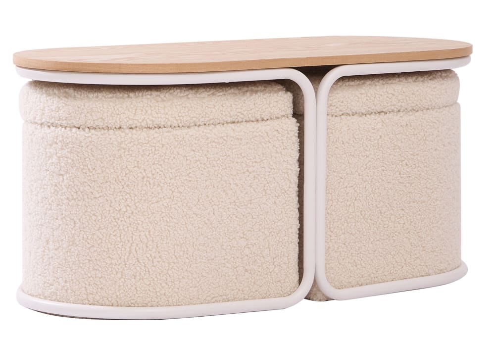 Couchtisch aus Holz und 2 Hockern in Bouclé weiß - Maisons Du