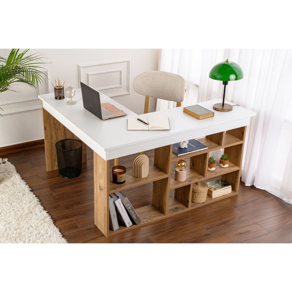 Bureau d'angle avec étagères en bois - Blanc et marron