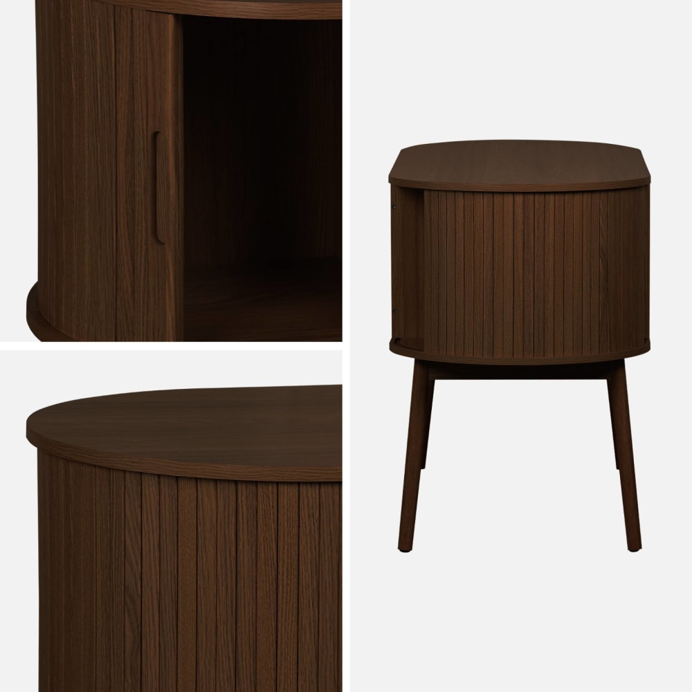 Bureau ovale décor bois rainuré, teinte noyer