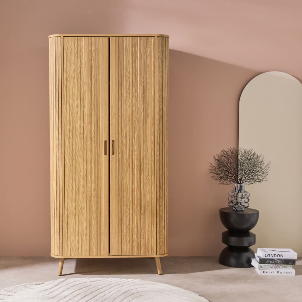 sweeek Kleiderschrank 2 Türen Holzoptik geriffelt naturfarben style modern Beige Spanplatte