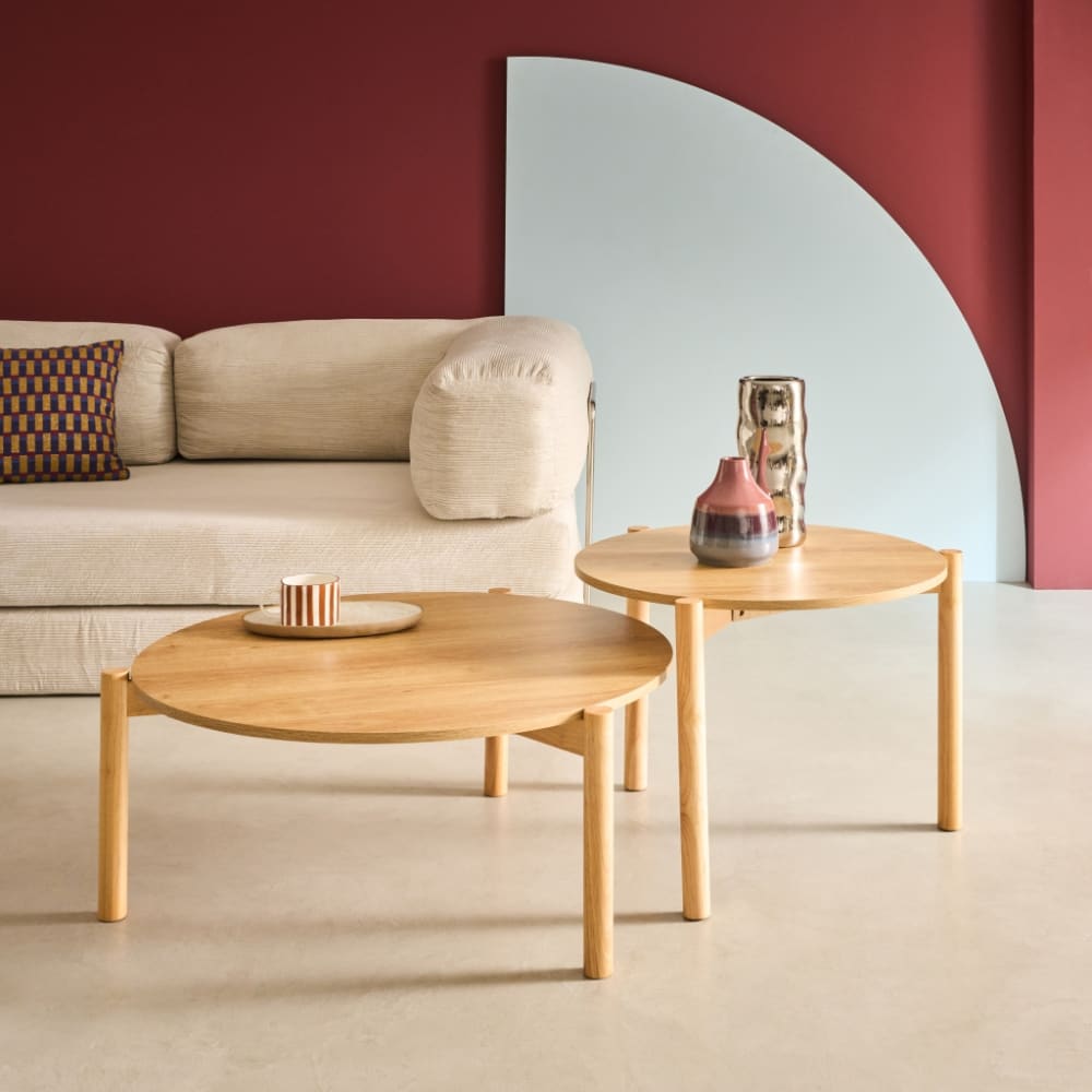 Tables gigognes rondes décor bois, piètement bois d'hévéa naturel