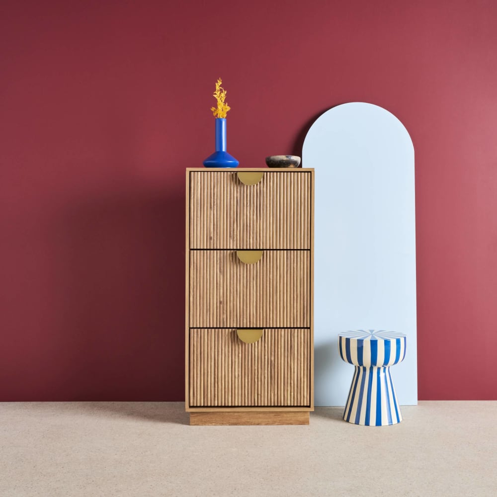 Meuble à chaussures décor bois de manguier rainuré 3 abattants