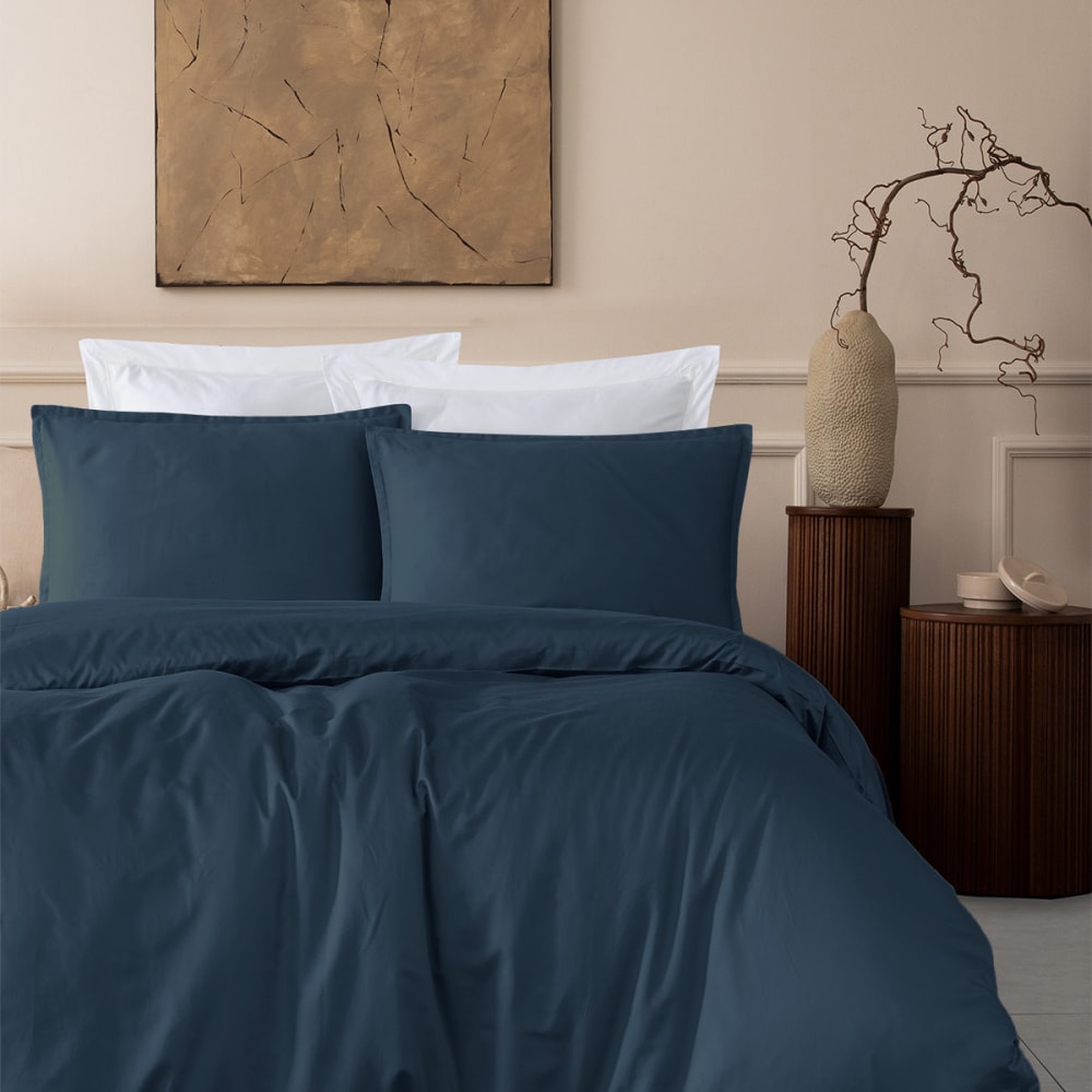 Housse de couette satin coton-tencel 200 fils marine 140x200 cm