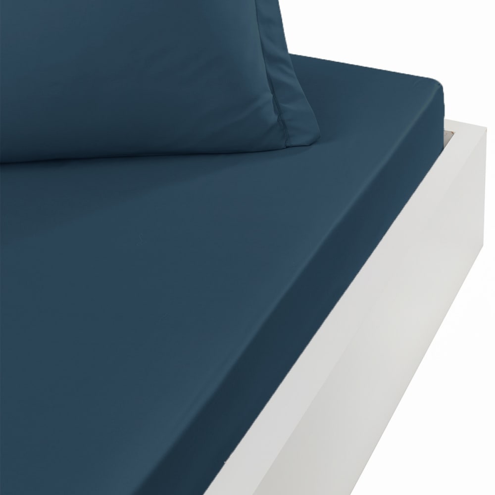 Drap housse satin coton-tencel 200 fils bonnet 30 cm marine 180x200 cm