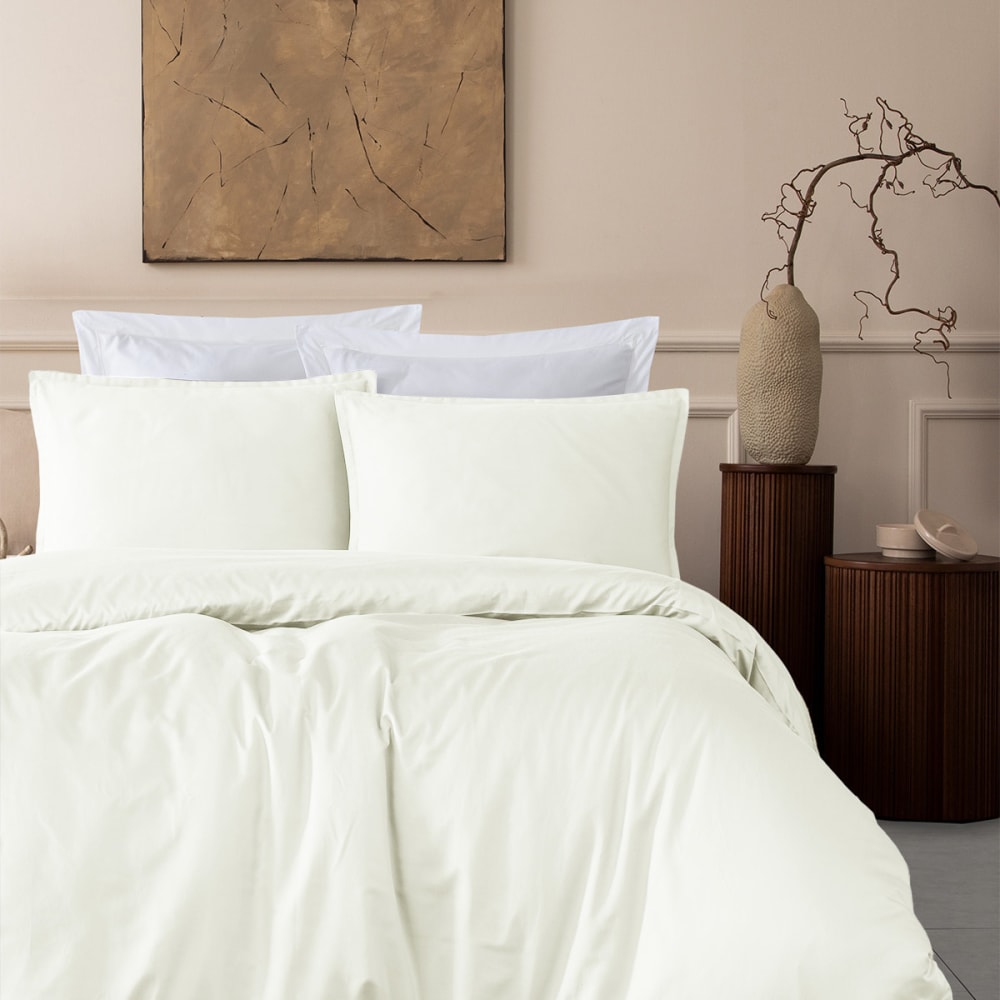 Parure de lit + 2 taies rectangles satin coton tencel ecru 260x240 cm