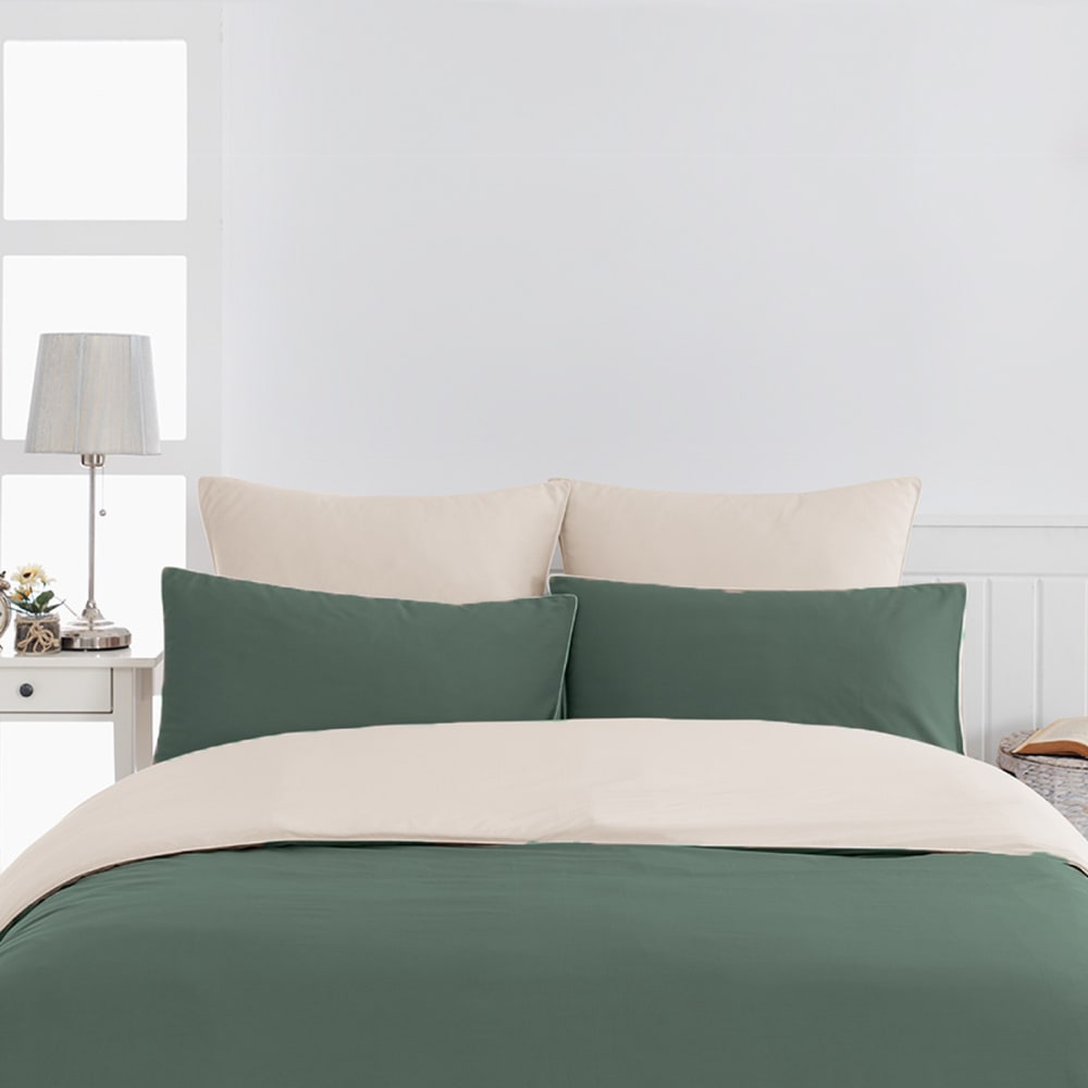 Parure de lit percale + 2 taies carrées eucalyptus/ficelle 260x240 cm