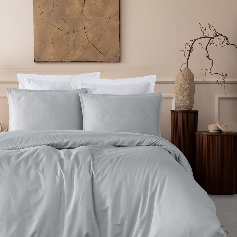 Parure de lit 2 taies carrées satin coton tencel gris perle 200x200 cm