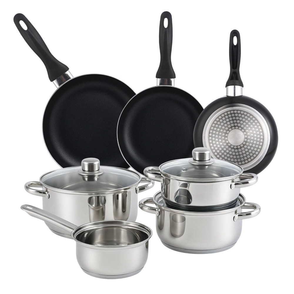 bateria de cocina 7 piezas de acero inox y sartenes negro o162024 cm