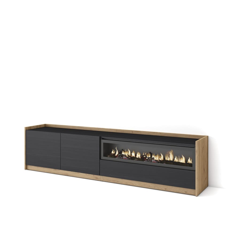 Meuble tv effet bois noir et chêne 207x37x50cm cheminée effet feu