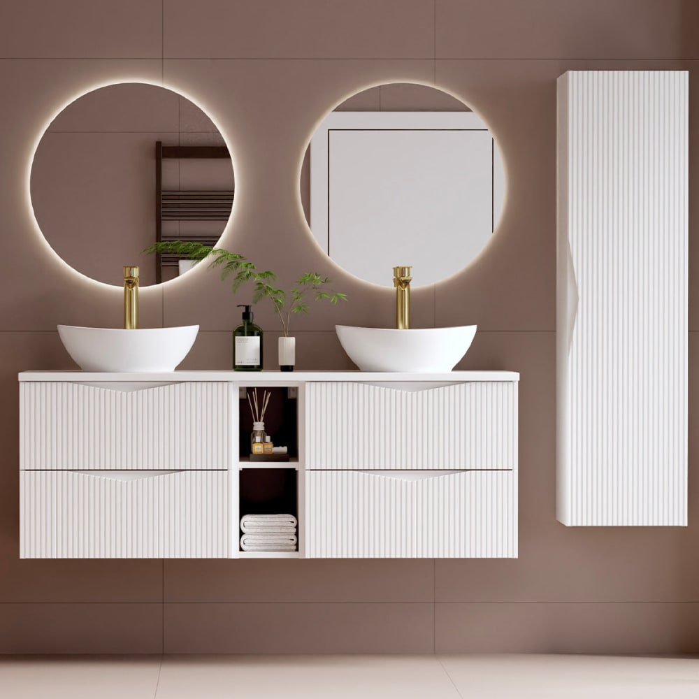 Petits meubles Doppelwaschtisch 140cm 2 Nischen Melamin Weiß Weiß Spanplatte