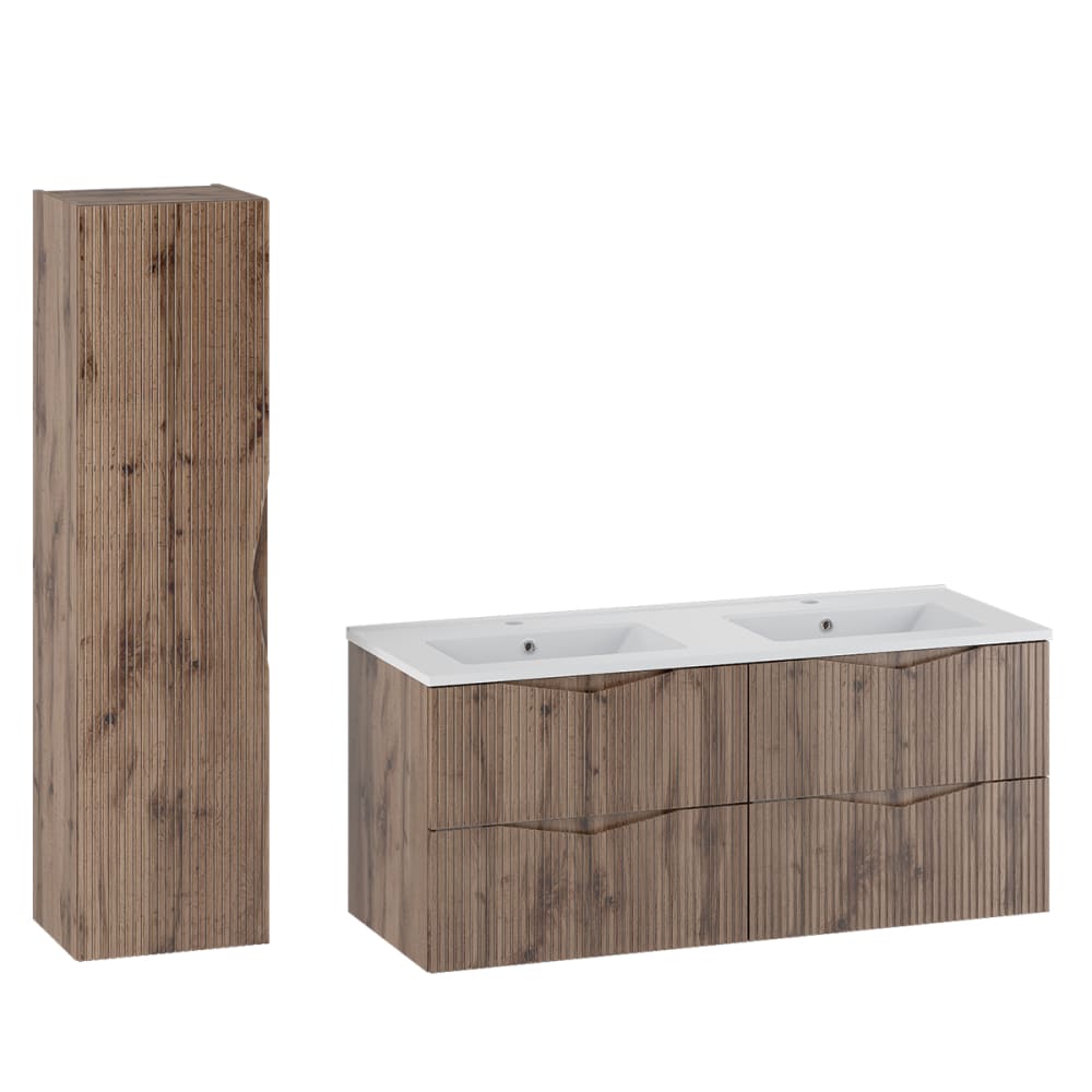 Ensemble meuble double vasque encastrée colonne stratifiés beige