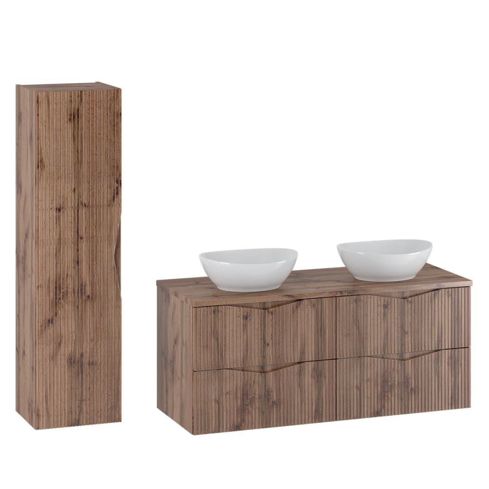 Ensemble meuble double vasque 120cm panneaux mélaminé et mdf marron Ensemble meuble double vasque 120cm panneaux mélaminé et mdf marron