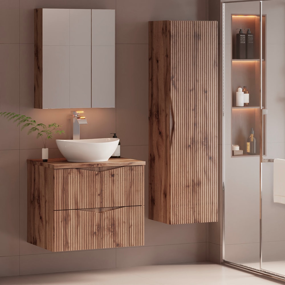 Petits meubles Set Einzelwaschtisch 60cm und Säule Melamin Holz Braun Spanplatte