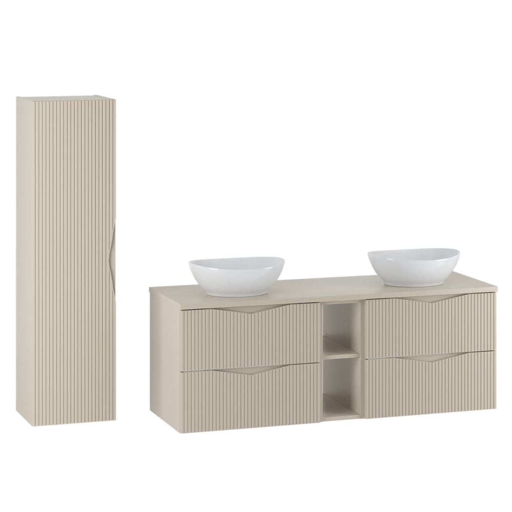 Ensemble meuble double vasque 140cm panneaux mélaminé et mdf beige