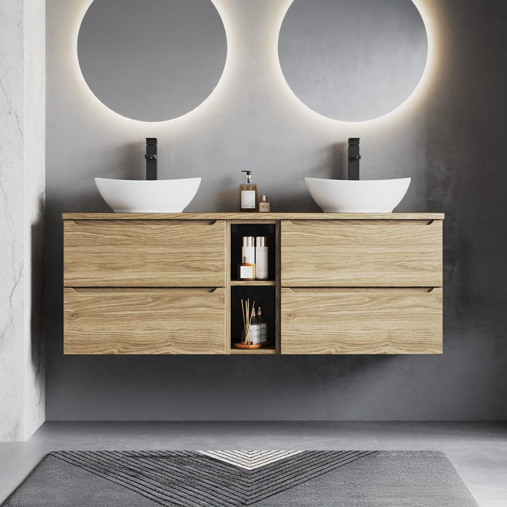 Petits meubles Doppelwaschtisch 140cm 2 Nischen Melamin Holz Braun Spanplatte
