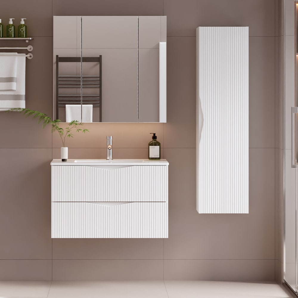 Ensemble meuble vasque encastrée colonne stratifiés blanc