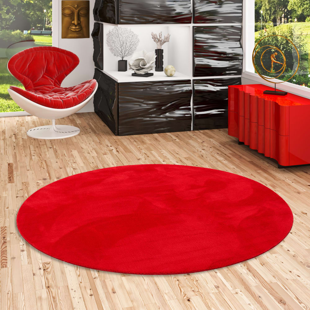 Tapis en fausse fourrure rond uni rouge 160x160 cm — vue 3