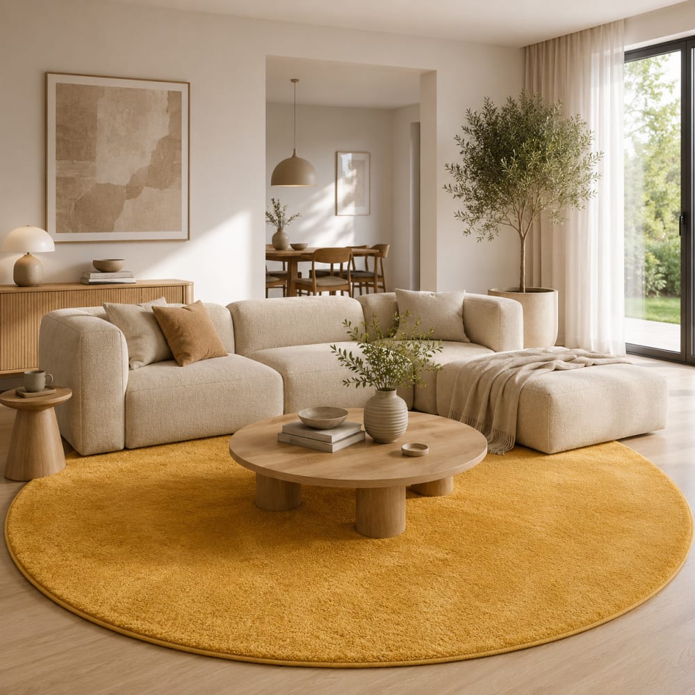 Tapis à poils longs moelleux rond jaune curry 120x120 cm — vue 3