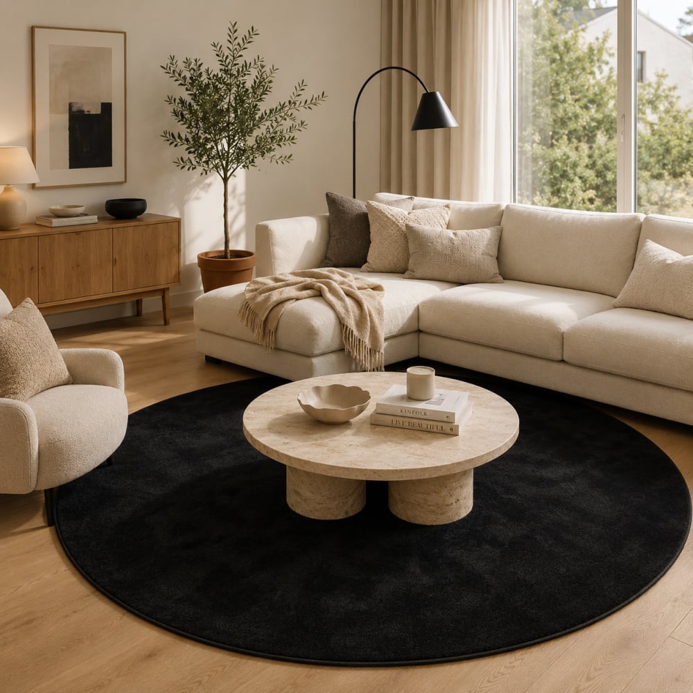 Tapis à poils longs moelleux rond noir 120x120 cm — vue 3