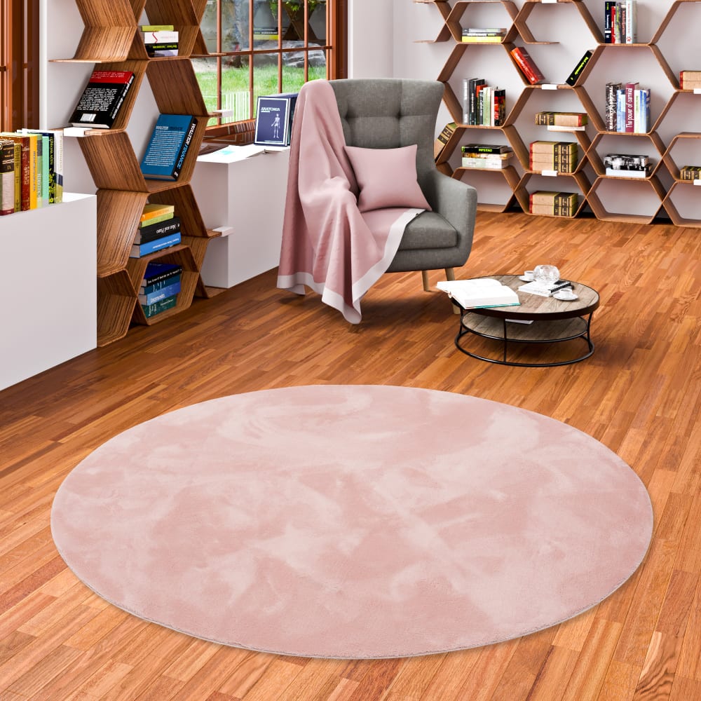 Tapis en fausse fourrure rond uni rose 160x160 cm — vue 3