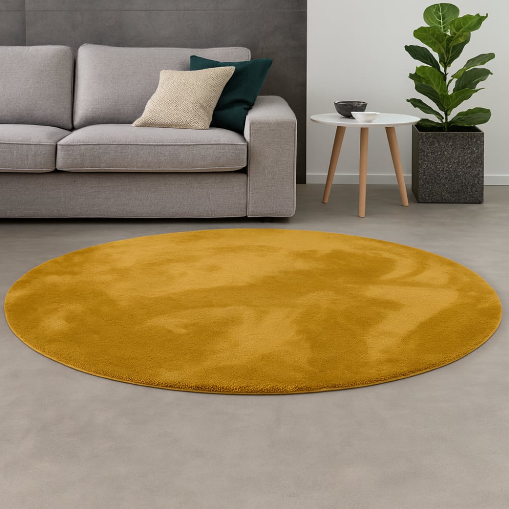 Tapis en fausse fourrure rond uni jaune 200x200 cm — vue 3