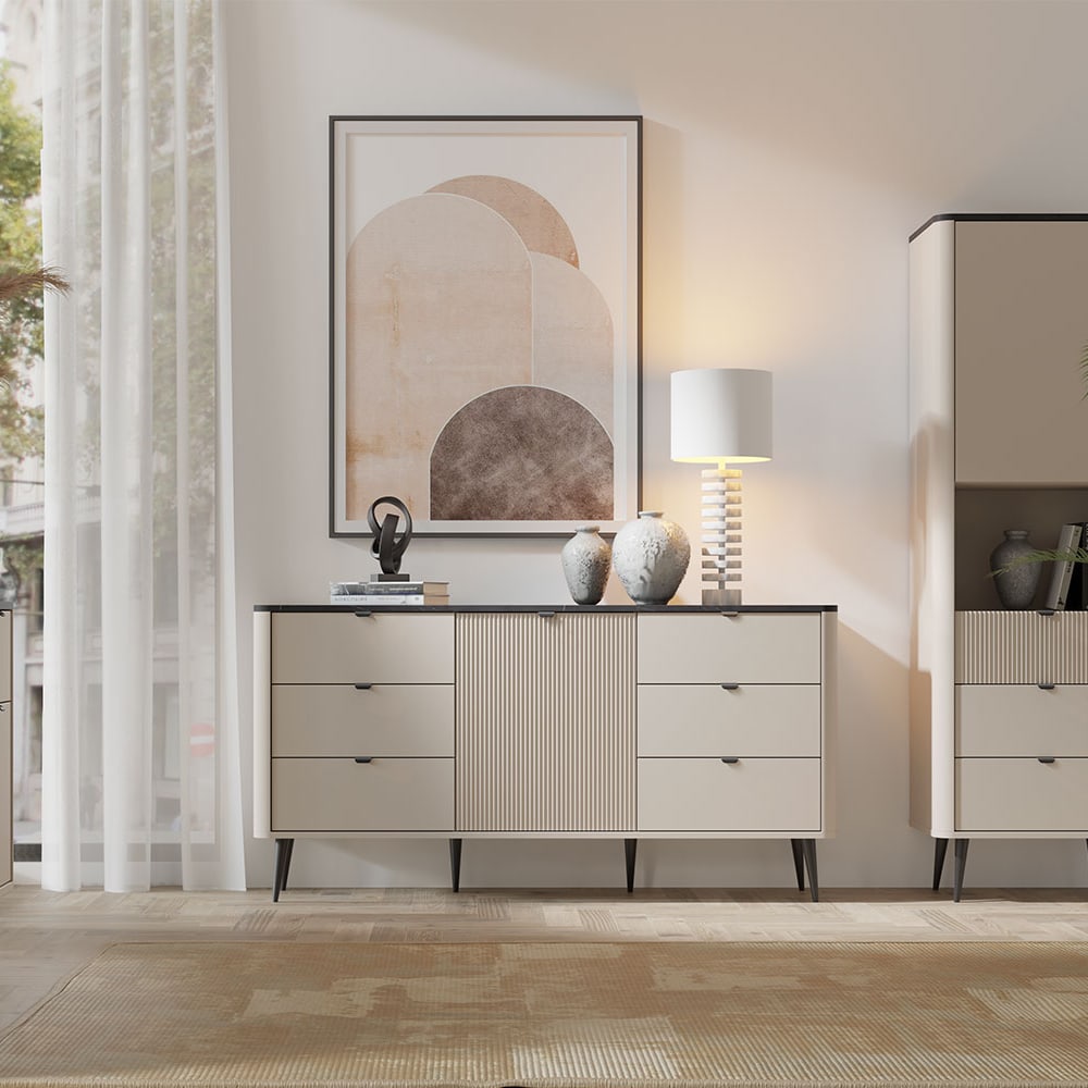 Kommode mit 6 Schubladen, aus MDF, 160x40x82cm, Kaschmir /