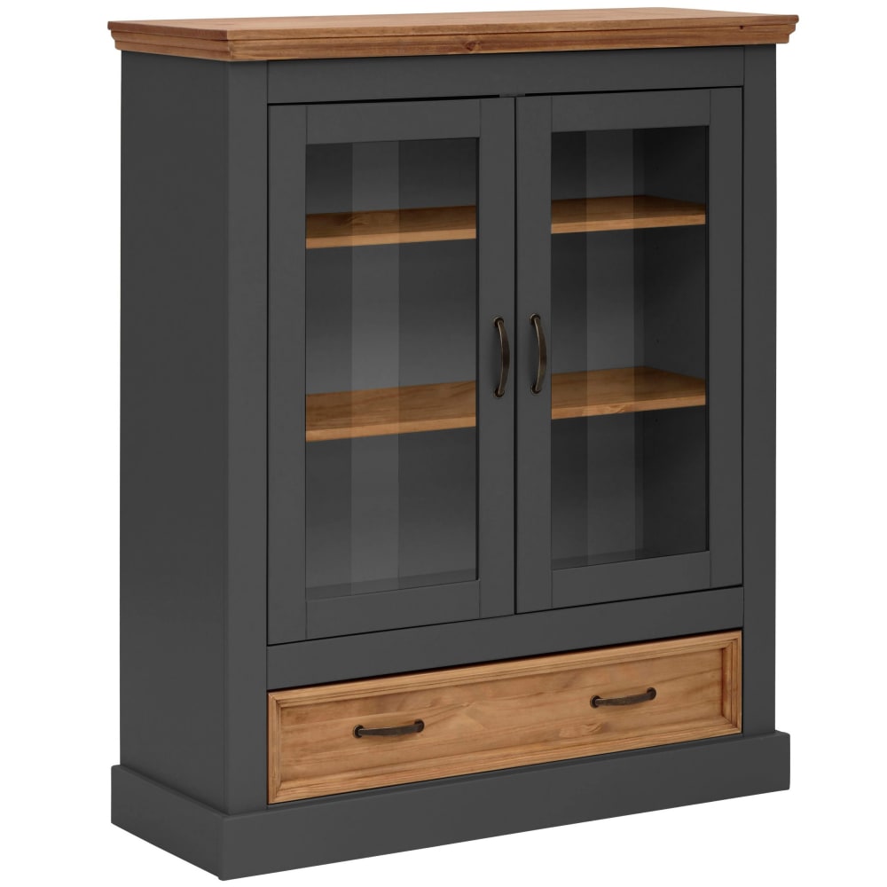 Buffet avec 2 portes vitrées et 1 tiroir en pin anthracite