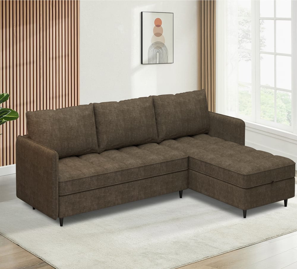 Canapé 3 places avec rangement/méridienne réversible en tissu marron