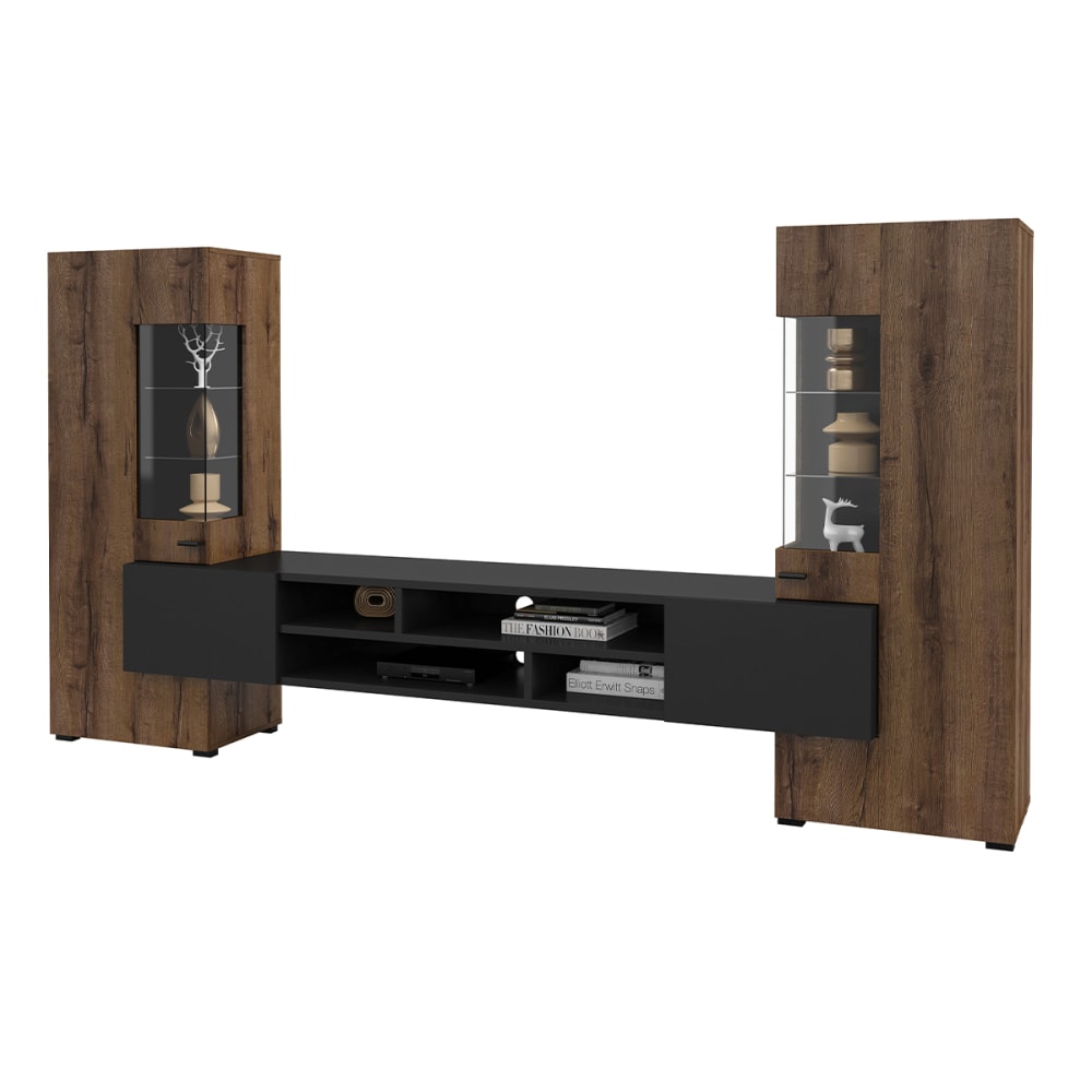 Ensemble meuble TV 2 armoires stratifiés beige wengé et noir