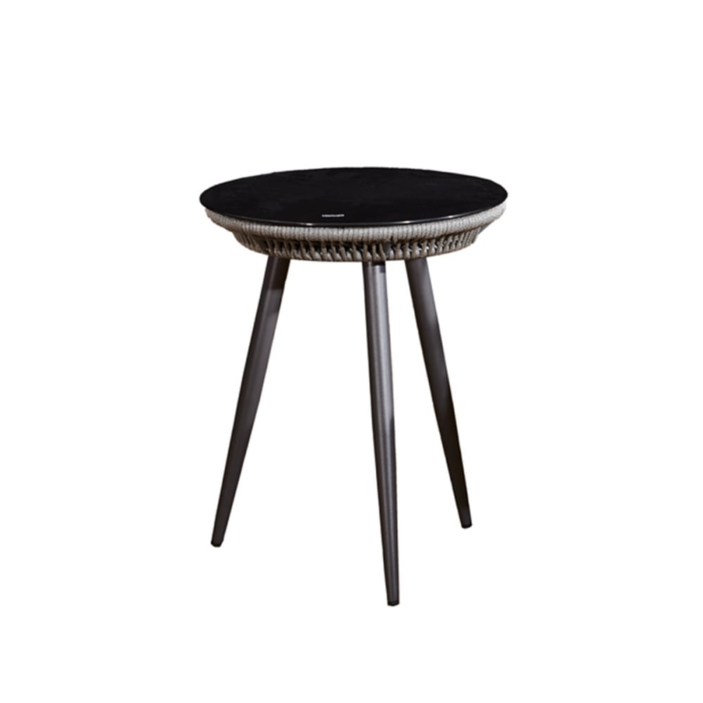 Table basse de jardin aluminium, verre, corde gris