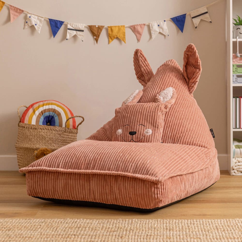 Pouf enfant chauffeuse animal avec coussin, velours côtelé, lapin rose (Icon) - Image 1