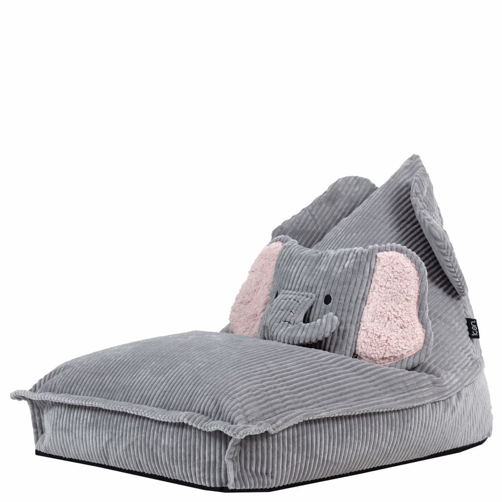 Pouf poire enfant, animal et coussin, velours côtelé, éléphant gris