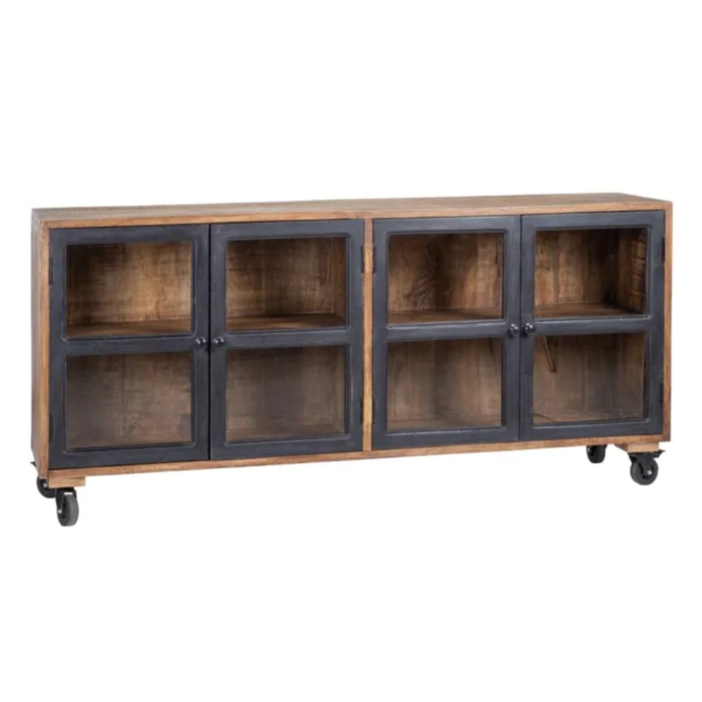 Buffet bois manguier noir portes vitrées roulettes 160x35x71cm