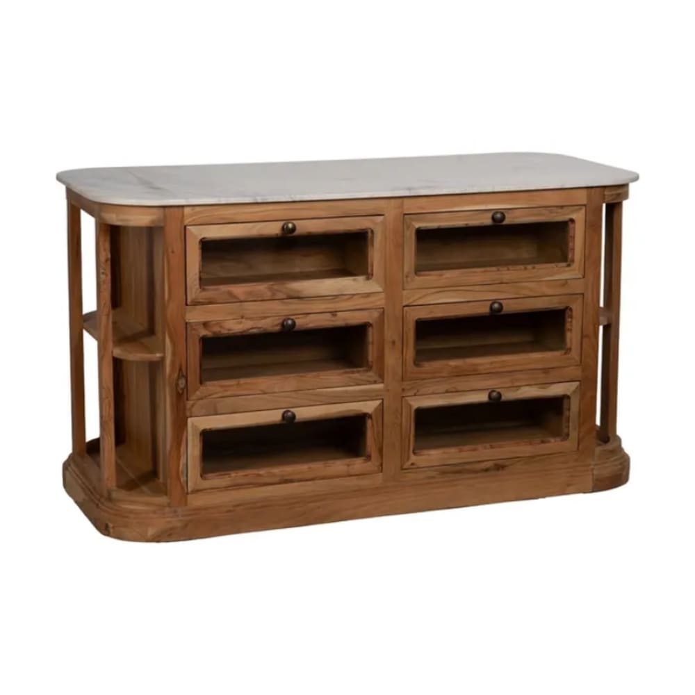 Buffet marbre blanc bois manguier 6 tiroirs 155x70x88cm