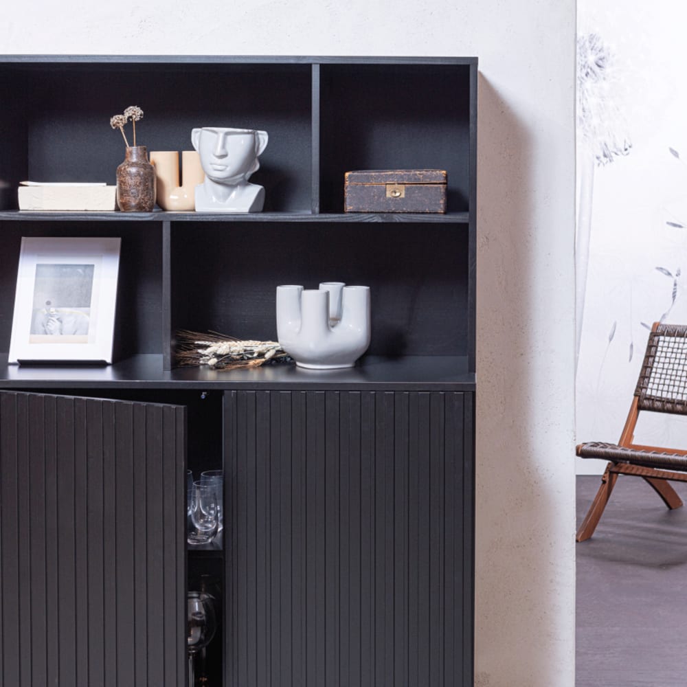 Buffet haut en bois de pin massif noir 200x44x150cm