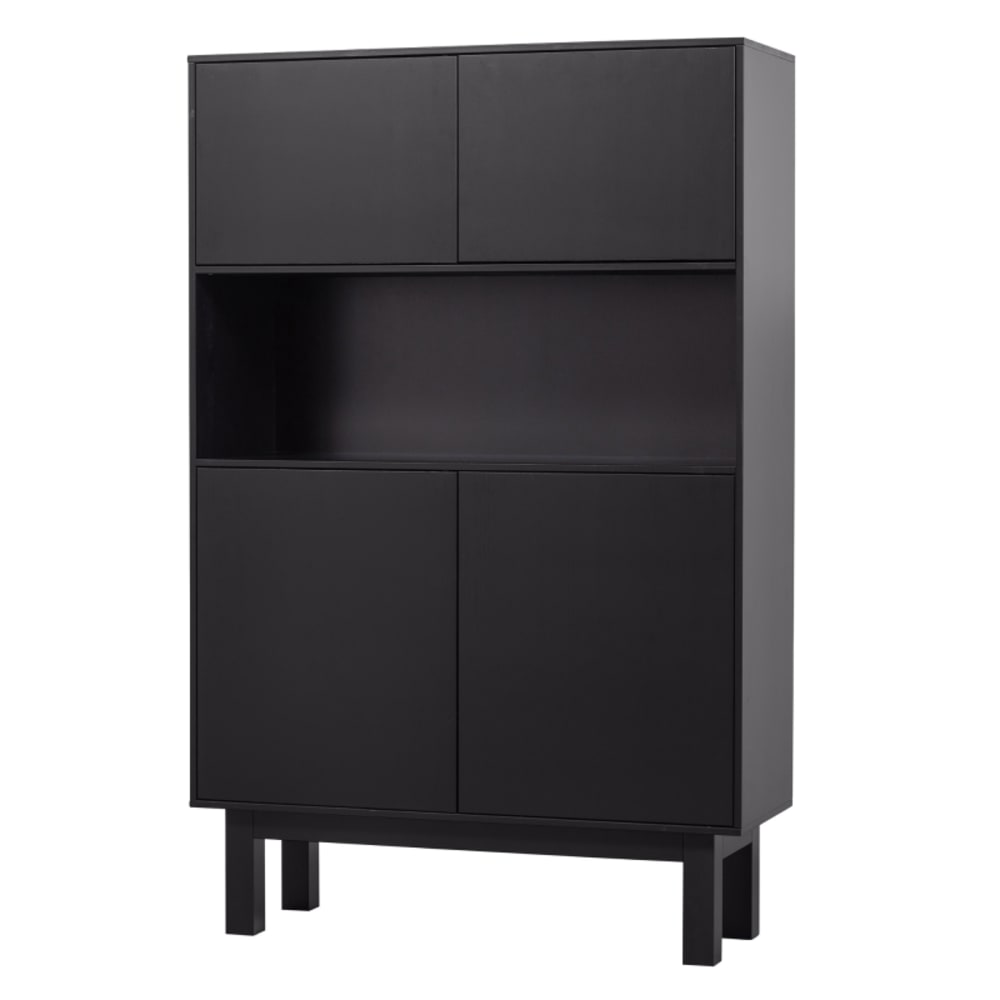 Buffet haut 4 portes en bois de pin massif fsc noir 110x40x170cm