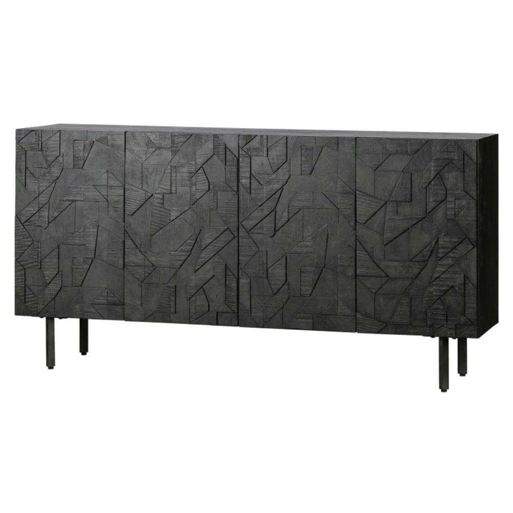 Buffet bas 4 portes sculptées en bois et métal noir 160x40x83cm