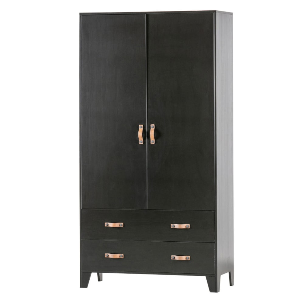 Armoire 2 placards et 2 tiroirs en pin passif noir 94x40x180cm