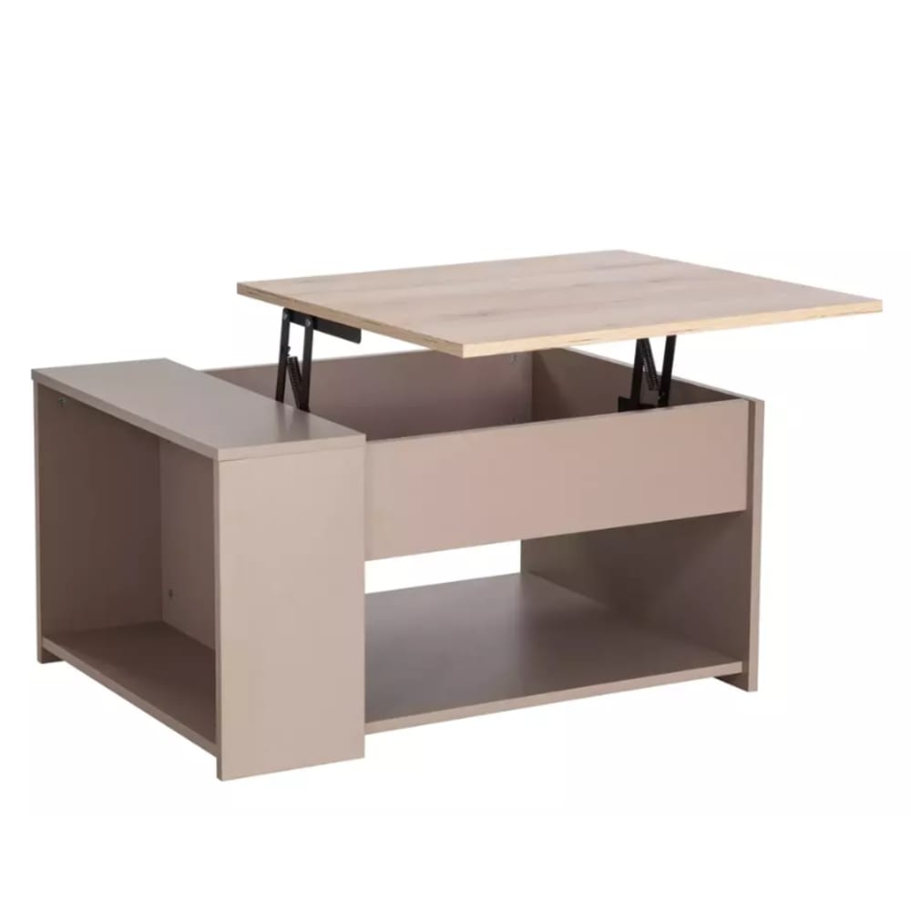 Table basse moderne relevable avec rangement chêne/beige 80x60x42cm