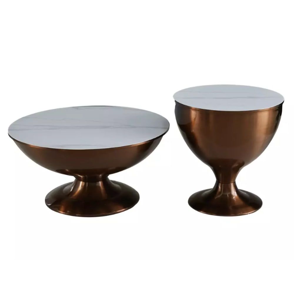 Ensemble 2 tables d'appoint métal marbre blanc 75x75x38cm