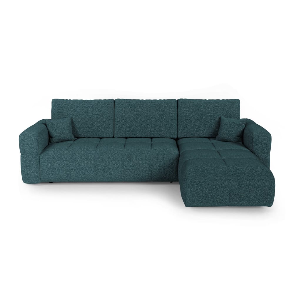 Canapé angle droit convertible coffre 4 places tissu bouclette bleu