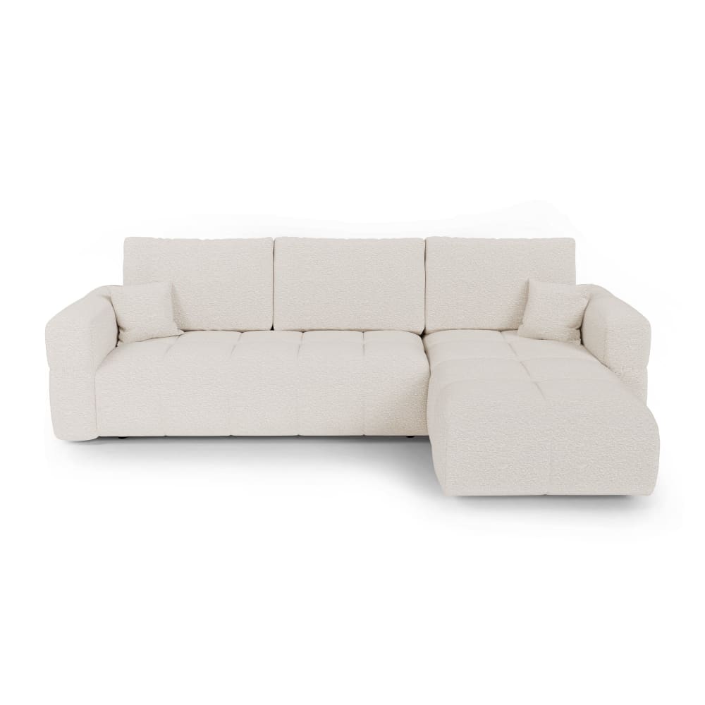 Canapé angle droit convertible coffre 4 places tissu bouclette crème