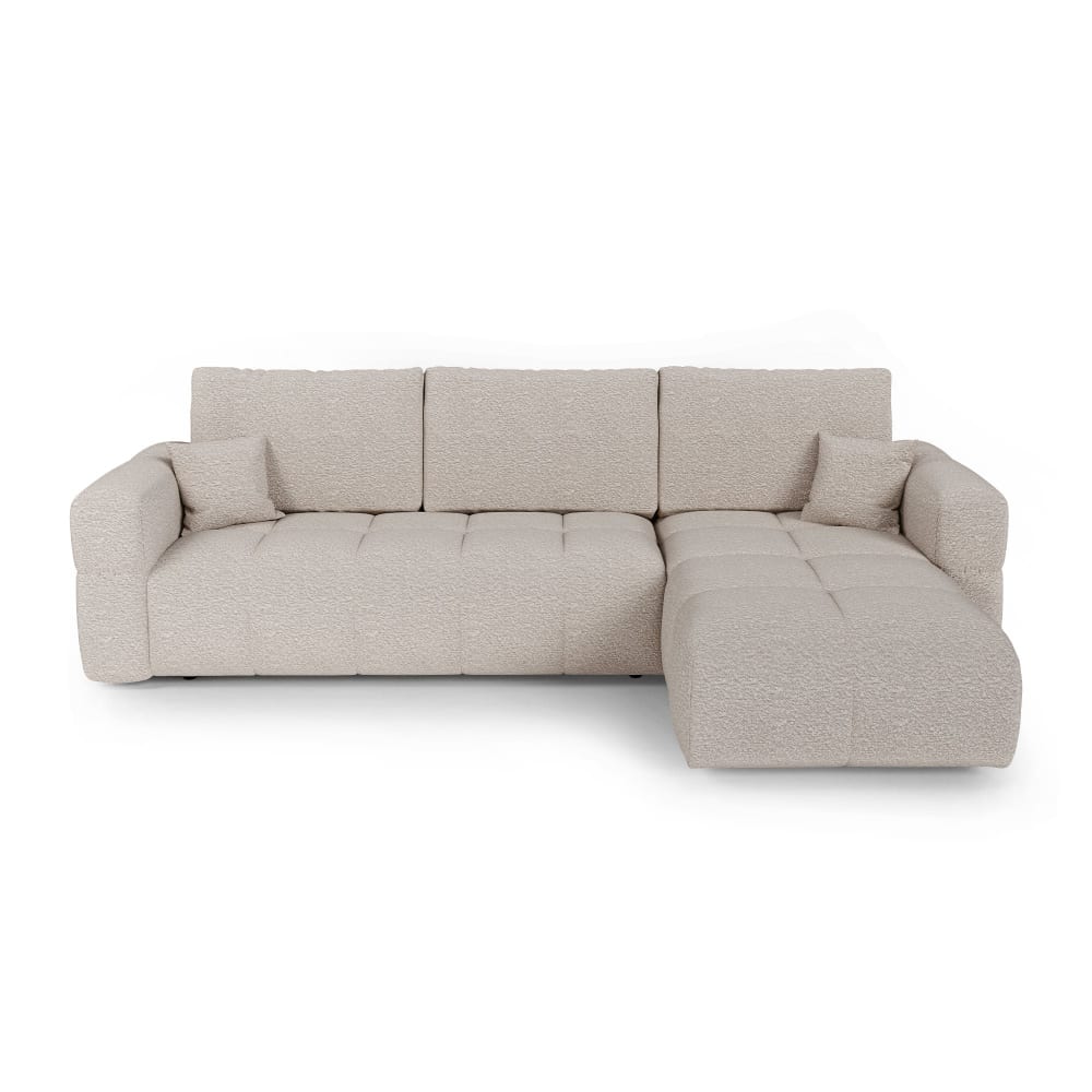 Canapé angle droit convertible coffre 4 places tissu bouclette beige