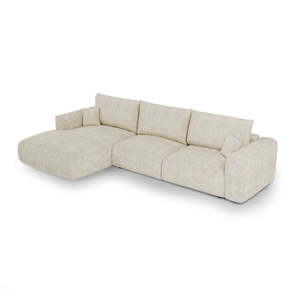 Canapé angle gauche convertible coffre 5 places velours côtelé crème