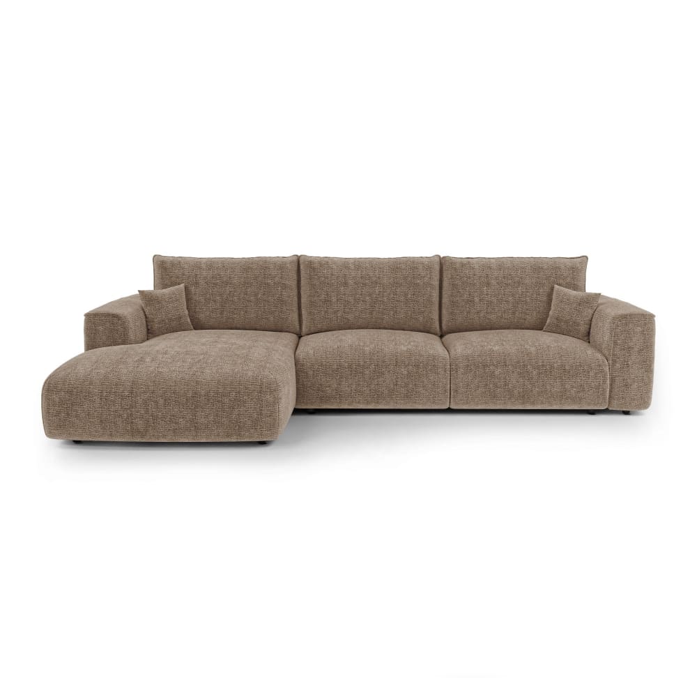 Canapé angle gauche convertible coffre 5 places tissu tramé marron